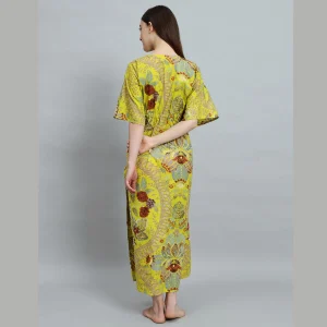Beautiful Floral Print Women Kaftan Dress Parrot Green Fabric - Image 5