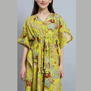 Beautiful Floral Print Women Kaftan Dress Parrot Green Fabric - Image 6