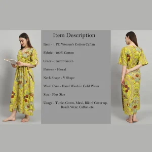 Beautiful Floral Print Women Kaftan Dress Parrot Green Fabric - Image 7