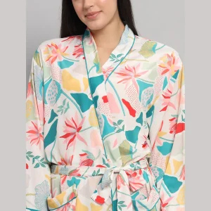 Beautiful Floral Printed Satin Silk Bath Robe - Image 5