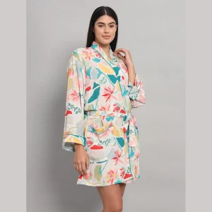 Beautiful Floral Printed Satin Silk Bath Robe - Image 6