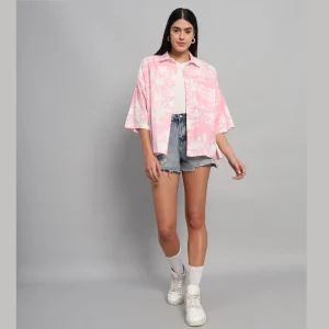 Beautiful Pink Floral Printed Cotton Oversized Shirt - Image 5