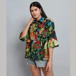 Black Frida Kahlo Printed Cotton Oversized Shirts - Image 2
