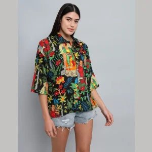Black Frida Kahlo Printed Cotton Oversized Shirts - Image 5
