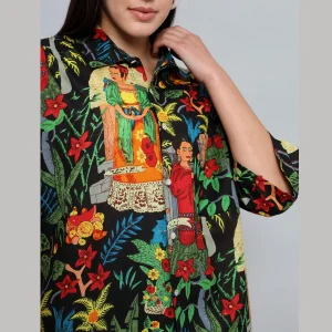 Black Frida Kahlo Printed Cotton Oversized Shirts - Image 9