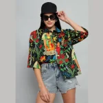 Black Frida Kahlo Printed Cotton Oversized Shirts
