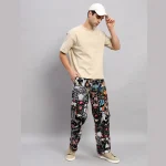 Black Patchwork Baggy Cotton Trousers For Men's
