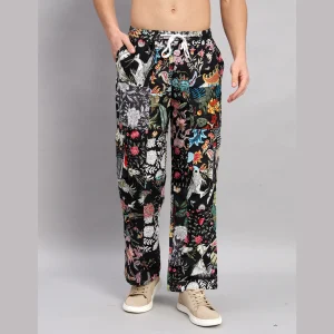 Black Patchwork Baggy Cotton Trousers For Men's - Image 3
