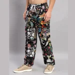Black Patchwork Baggy Cotton Trousers For Men's - Image 5