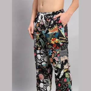 Black Patchwork Baggy Cotton Trousers For Men's - Image 4