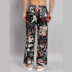 Black Patchwork Baggy Cotton Trousers For Men's - Image 7