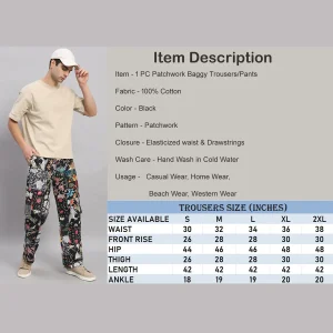 Black Patchwork Baggy Cotton Trousers For Men's - Image 8