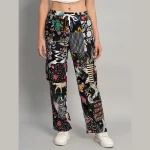 Black Patchwork Cotton Pants For Women - Image 3