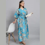 Blue & Beige Floral Print Cotton Nightwear Gown