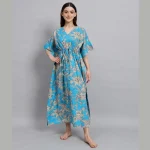 Blue & Beige Floral Print Cotton Nightwear Gown - Image 2