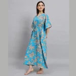 Blue & Beige Floral Print Cotton Nightwear Gown - Image 3