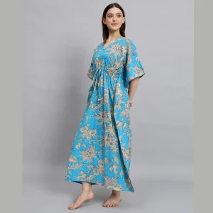Blue & Beige Floral Print Cotton Nightwear Gown - Image 3