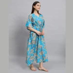 Blue & Beige Floral Print Cotton Nightwear Gown - Image 4
