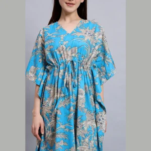 Blue & Beige Floral Print Cotton Nightwear Gown - Image 5