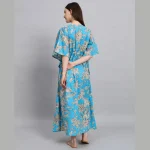 Blue & Beige Floral Print Cotton Nightwear Gown - Image 6