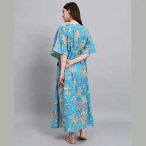 Blue & Beige Floral Print Cotton Nightwear Gown - Image 6