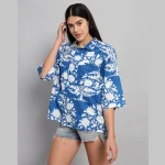 Blue Floral Print Cotton Oversized Shirt - Image 3
