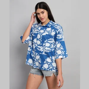 Blue Floral Print Cotton Oversized Shirt - Image 3