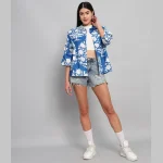 Blue Floral Print Cotton Oversized Shirt - Image 4