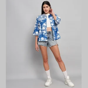 Blue Floral Print Cotton Oversized Shirt - Image 4