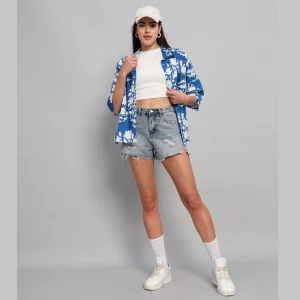 Blue Floral Print Cotton Oversized Shirt - Image 5