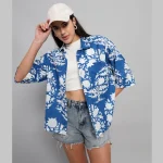 Blue Floral Print Cotton Oversized Shirt