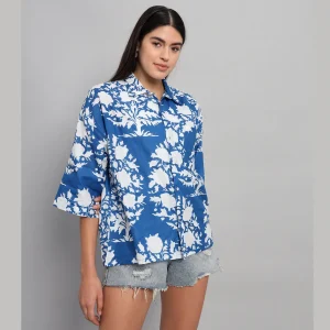 Blue Floral Print Cotton Oversized Shirt - Image 6