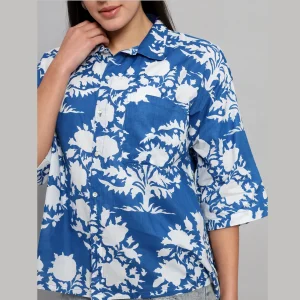 Blue Floral Print Cotton Oversized Shirt - Image 9