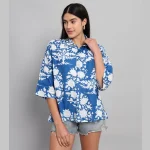 Blue Floral Print Cotton Oversized Shirt - Image 2