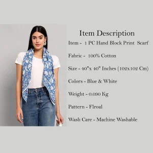 Blue Floral Print Pure Cotton Stole 40" - Image 8
