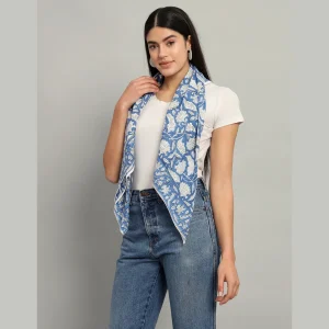 Blue Floral Print Pure Cotton Stole 40" - Image 4