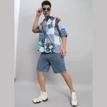 Blue Patchwork Oversized Cotton Shirts