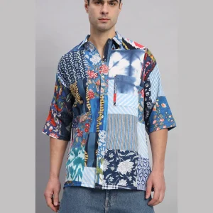 Blue Patchwork Oversized Cotton Shirts - Image 6
