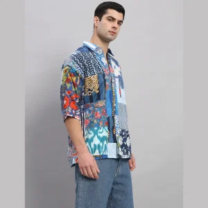 Blue Patchwork Oversized Cotton Shirts - Image 5