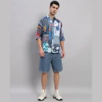 Blue Patchwork Oversized Cotton Shirts - Image 3