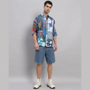 Blue Patchwork Oversized Cotton Shirts - Image 3