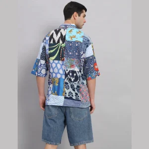Blue Patchwork Oversized Cotton Shirts - Image 7