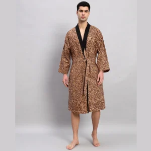 Brown Leopard Print Cotton Men's Bath Robe - Image 3