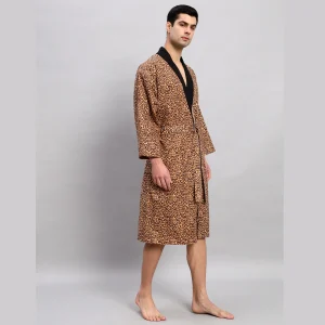 Brown Leopard Print Cotton Men's Bath Robe - Image 4