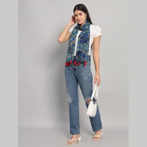 Butterfly Blue Leaf Printed Tassel Stoles - Image 6