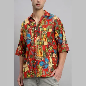 Farida Kahlo Print Oversized Red Shirt For Men's - Image 8
