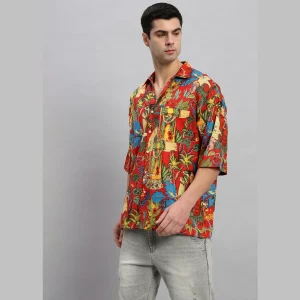 Farida Kahlo Print Oversized Red Shirt For Men's - Image 3