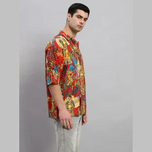 Farida Kahlo Print Oversized Red Shirt For Men's - Image 4