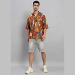 Farida Kahlo Print Oversized Red Shirt For Men's - Image 5