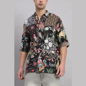 Goa Beach Wear Black Patchwork Oversized Men's Shirt - Image 3
